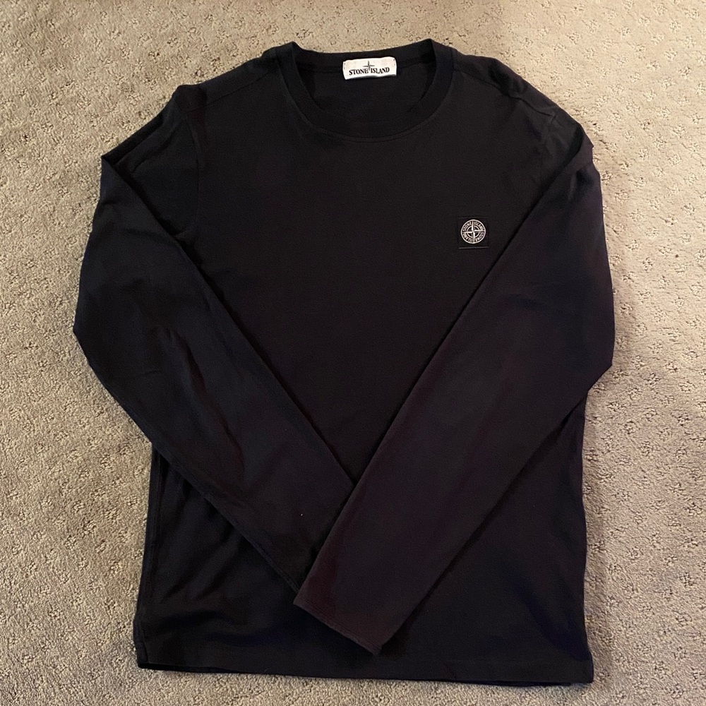 Stone Island Navy Blue Long Sleeve Crewneck with Logo Patch